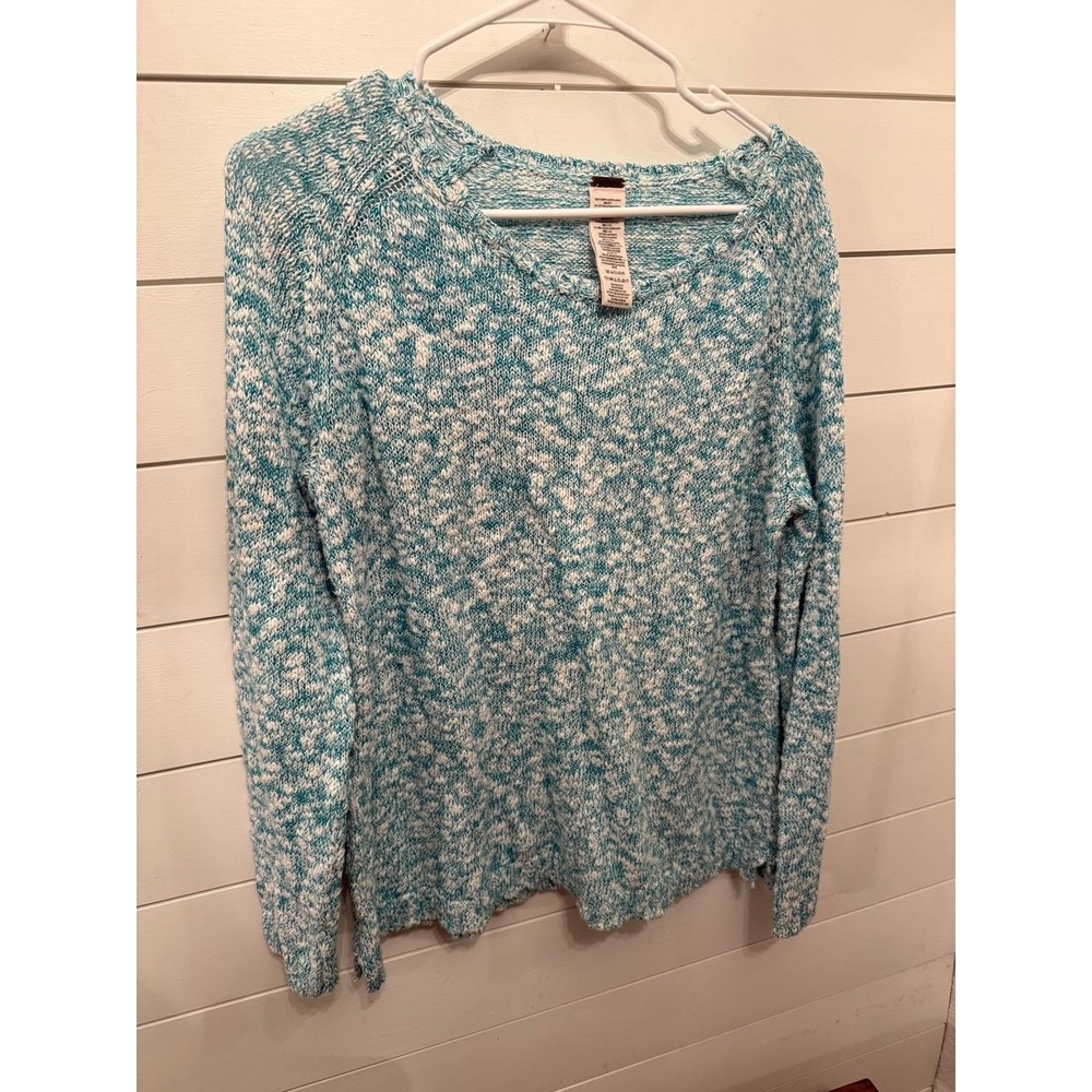 Free People Sweater Pullover Teal White‎ Marled Knit Long Sleeve Scalloped Hem